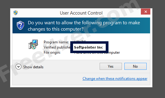Screenshot where Softpointer Inc appears as the verified publisher in the UAC dialog